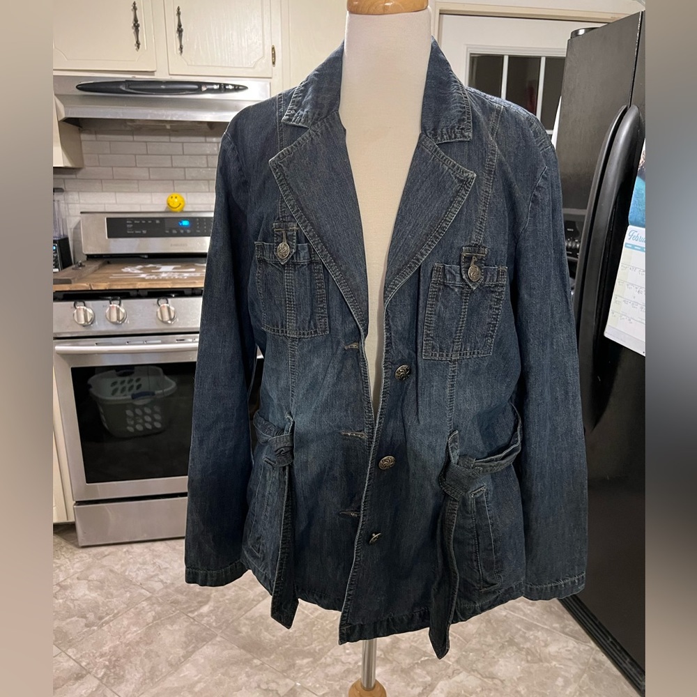 French cuff XLarge denim jacket with tie at waist.